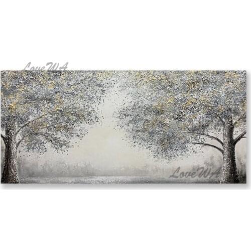 100% Hand Painted Heavily Textured Acrylic Canvas Gray Trees Oil Painting Unframed Artwork Panel Set Forest Scenery Wall Art