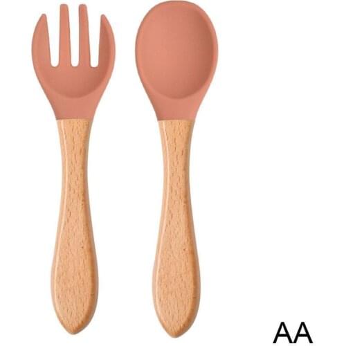 2pcs/set Baby Tableware Soft Silicone Spoon Fork With Wooden Baby Supplement Color Tool Candy Feeding Handle Training Food O8Y8