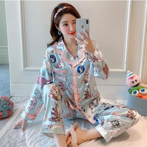 2020 Summer Autumn Silk Satin Comic Print Pajama Sets for Women Long Sleeve Sleepwear Suit Pyjamas Homewear Pijama Mujer Clothes