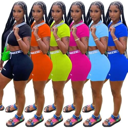 2021 Summer Women Casual Letter Print O-neck sexy Biker Shorts T-shirts Crop Top 2 Two Piece Set party Club Matching Sets