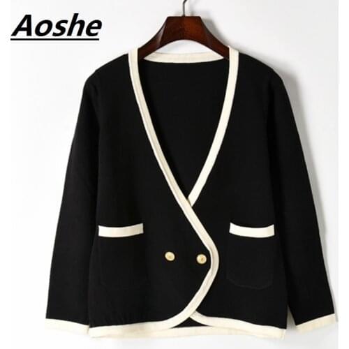 Aoshe Design Cardigan Sweater New Spring Knitting Double Breasted V-neck Novelty Jumper Female Top Pull Sueter Mujer