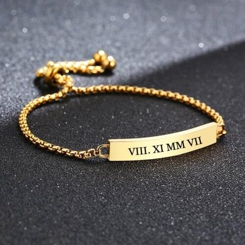 Gold Engraved ID Bar Bracelet Women Stainless Steel Gold silver color Tone Adjsutable Initial Bracelet