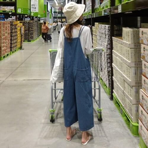 Nine Point Wide Leg Sling Denim Jumpsuit for Women Cute Girls Students Loose Style High Waist Korean Style Jeans Overalls