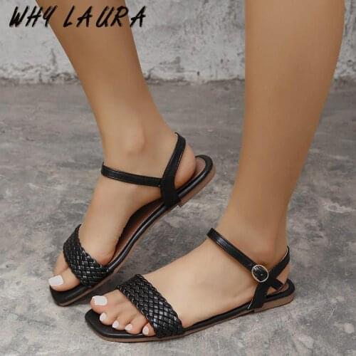 Design Fashion 2021 Womens Sandal Elegant Square Toe Open-toed Thin Flat Sandal Summer Outdoor Sandal