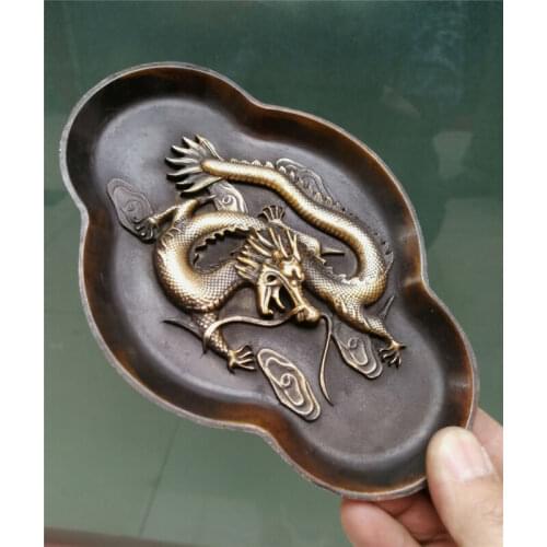 Collectables! Dynasty Old Chinese dragon tray Bronze mirror salver Statue