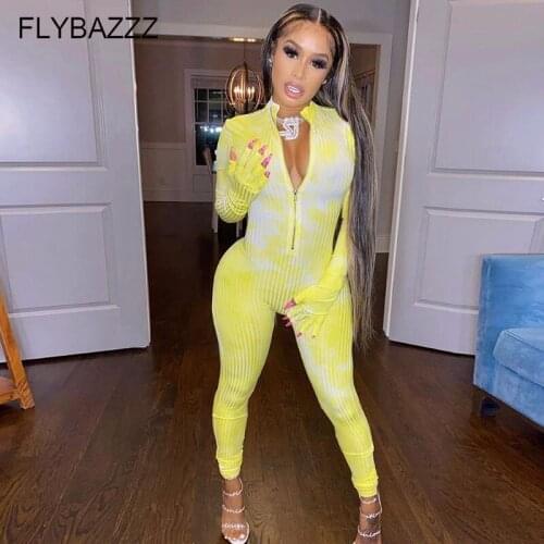 Sexy Tie Dye Skinny Elastic Female Casual Jumpsuit Autumn Zipper Streetwear Romper Women Fitness Yoga Sets Tracksuit Activewear