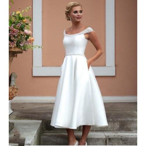 Short Wedding Dresses Satin Knee Length With Crystal Beading Bridal Gowns With Pocket Elegant Simple Scalloped Cap Sleeves 2021