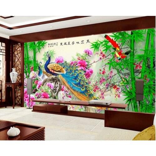 3d room wallpaper custom mural non-woven wall sticker peacock bamboo flowers and birds painting photo wall wallpaper