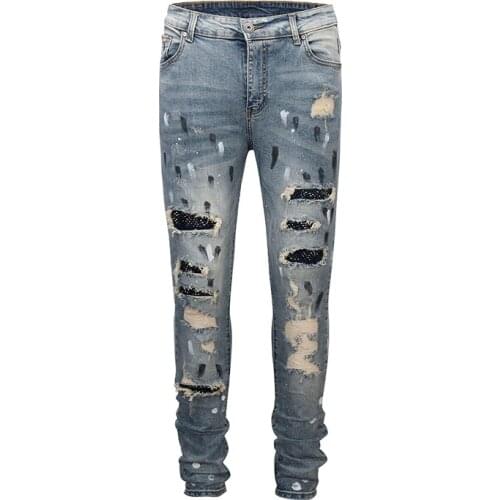 New mens male trousers European American high street style heavy craft hole patch sequined stretch slim-fit jeans denim pants