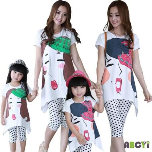 Mother and Daughter Clothes 2015 New Summer Family Sets Miss Castle Printed T Shirt + Polka Dot Legging Two Piece Outfits A6015