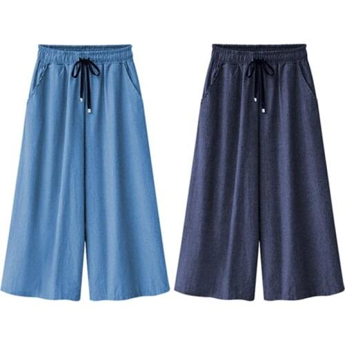 Simple Autumn Summer Casual Pants Women Drawstring Fashion Straight Solid Color Cropped Trousers Elastic Waist Pockets Loose