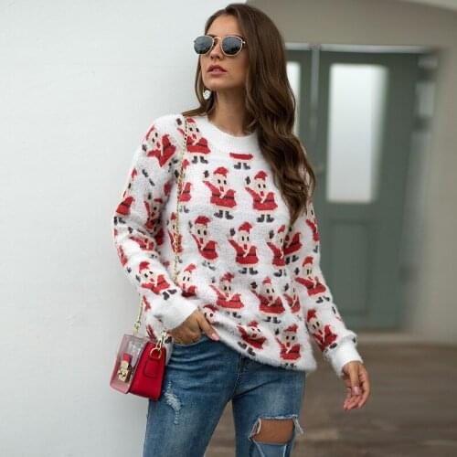 Womens Christmas Sweater Autumn Winter Female Long Sleeve Warm Imitated Mink Wool Knitted Shirts Santa Figure Pullover Jumpers