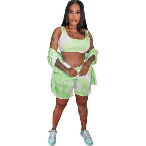 Tie Dye Lounge Wear 3 Piece Outfits Tracksuit Women Sets Clothing Vest Tank + Long Sleeve Shirts Blouses + Loose Biker Shorts