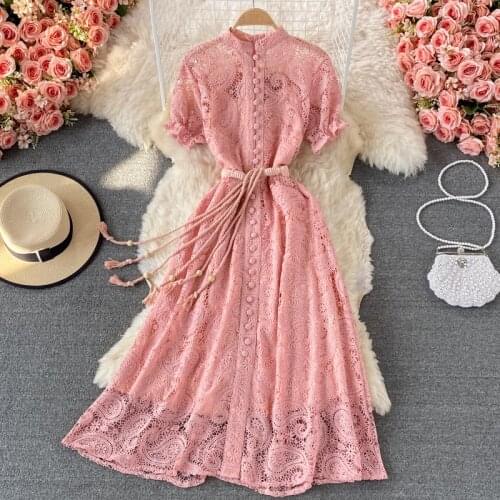 Neploe Vintage Court Style Hook Flower Hollow Robe Female Puff Sleeve Lace Hollow Out Button Vestidos Bandage Waist Dress Women