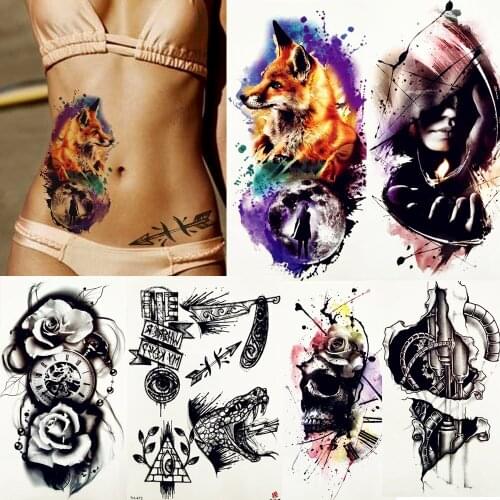 REJASKI Watercolor Fox Wolf Purple Moon Temporary Tattoo Sticker Girl Rose Arrow Waterproof Tattoos Body Art Waist Fake Tatoo