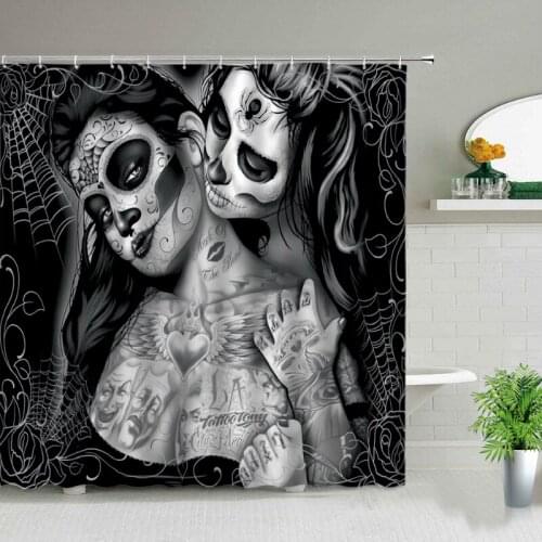 Sugar Skull Tattoo Girl Pattern Print Shower Curtain Bathroom Curtain Waterproof Bathtub Home Decor Bath Screen with Hook