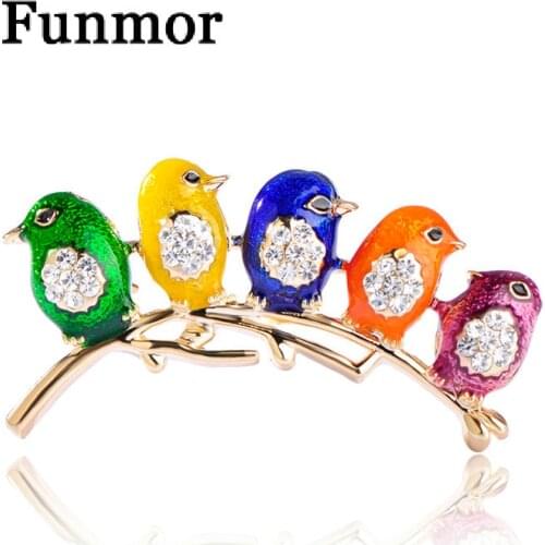 FUNMOR Colorful Enamel Small Birds Brooches For Women Kids Clothes Accessories Hijab Pins Crystal Cute Animal Corsage Badge