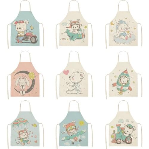 Cartoon Bear Printing Women Kitchen Aprons Waterproof Cooking oil-proof Cotton Linen Antifouling Chef Apron 68*55cm 0159