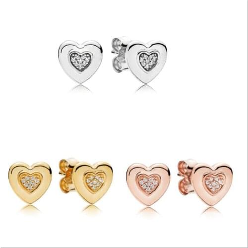 925 Sterling Silver Gold Logo Heart pandora Earring With Crystal Stud Earring For Women Wedding Gift Fashion Jewelry