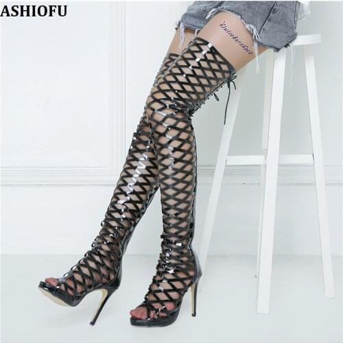 ASHIOFU Handmade New Ladies Thigh High Sandals Sexy Night-club Party Dance Shoes Peep-toe Stocking Fashion Evening Sandals Shoes