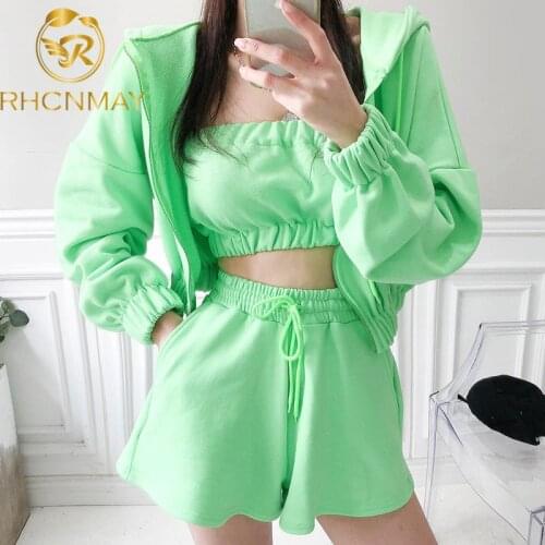 New Summer Fashion 3 Piece Set Womens Hooded Short Jack coat + Sexy Strapless + Casual shorts Set