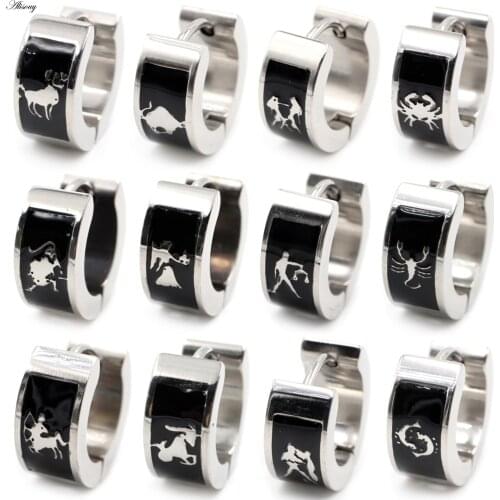 Alisouy 2pcs Hiphop Stainless Steel Twelve constellations Ears Huggies Ear Earring Women Men Circle Hoop Earrings