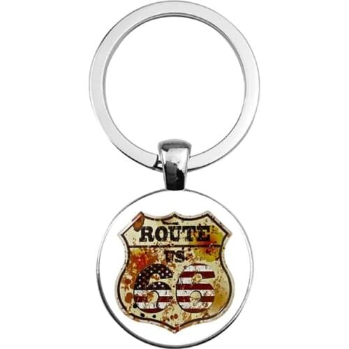 Suteyi Retro Road Route 66 Silver Color Key Chains Glass Pendant Zinc Alloy Metal Keychains Keyring Charms Jewelry