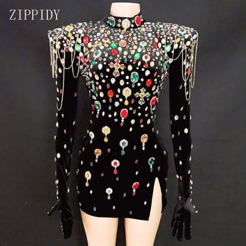 Multicolor Crystals Turtleneck Black Velvet Dress Prom Evening Sexy Crystals Dance Costume Birthday Long Sleeves Gloves Dresses