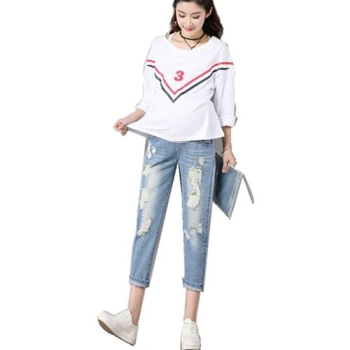 Holes Cowboy Support Abdomen Nine Part Pants Code Pregnant Woman Pants Summer New Product Korean Fashion Maternity Dress