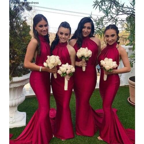 Red Long Bridesmaid Dresses 2019 Cheap Halter Neck Summer Country Garden Wedding Party Guest Maid of Honor Gowns Plus Size
