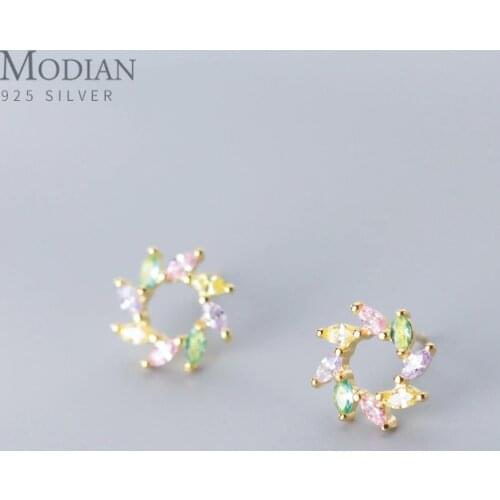 MODIAN Colorful Crystal Sun Flower Stud Earring for Women 925 Sterling Silver Flora Anti-Allergy Ear Pin Fine Jewelry Kids Gift