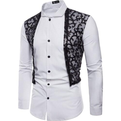 Mens Shirt Long Sleeve Turn Down Collar Single-Breasted Cardigan Shirt with Sequin Lace Casual Patchwork Slim Type Tops