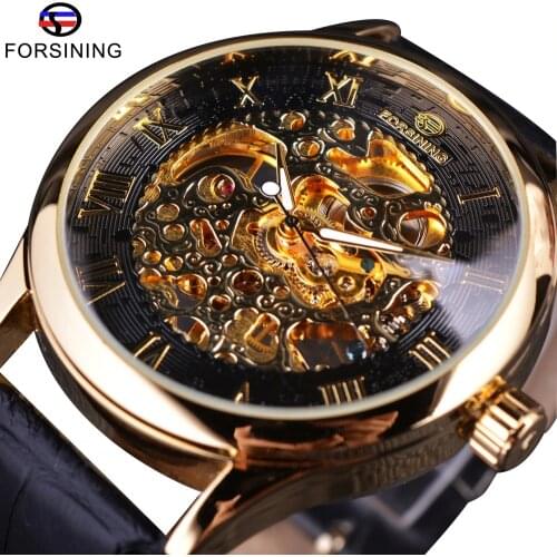 Forsining Retro Classic Design Roman Number Dial Transparent Case Skeleton Mechanical Watch Mens Watches Top Brand Luxury Clcok