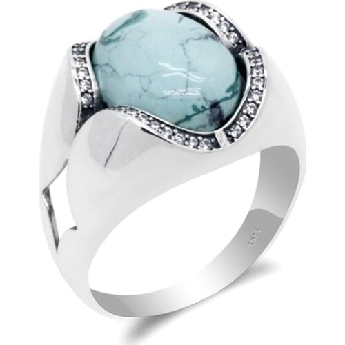 Turquoise Rings for Men 925 Sterling Silver Blue Natural Stone Mens Ring with Clear CZ Vintage Elegant Turkish Jewelry Gift