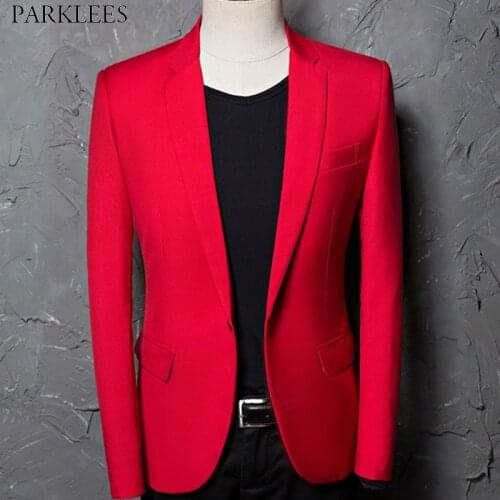 Red One Button Slim Fit Blazer Jacket Maen 2019 Brand Notched Lapel Men Suit Blazer Casual Party Groom Wedding Blazer Hombre 44