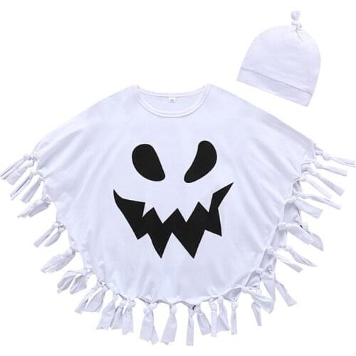 2-6 Years Infant Boy Halloween Cloak Outwear Sleeveless White Cloak Cartoon Halloween Printing Tassel Bat Style Cape With Hat