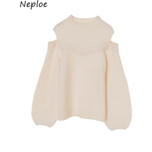 Neploe Sexy Shoulder Strapless Lantern Sleeve Pullovers Autumn Japan Style All-match Sweaters Solid Color Patchwork Women Tops