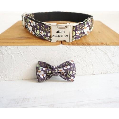 Dog Collar Personalized Engraving Nylon Dog Collar Bow Metal Buckle Floral Patterns Adjustable Collar Fit Small Medium Large Dog