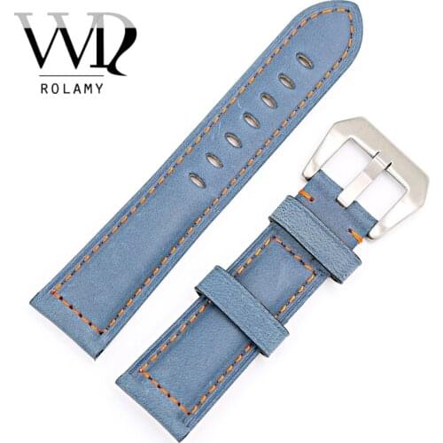 Rolamy 22 24mm Watch Band Strap With Silver Brushed Buckle Blue Real Leather Handmade Replacement Thick Vintage Wrist Watchband