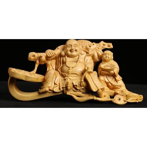 Boxwood Carving Handicraft Article Automobile Decoration Solid Wood Statue Buddha Statue Laughing Buddha Sculpture Home Decor