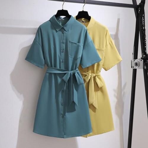 Solid Color Blue Yellow Short Sleeved Shirt Plus Size 6Xl Large Vintage Casual Robe Spring Summer Clothes Dress For WomenS 2021