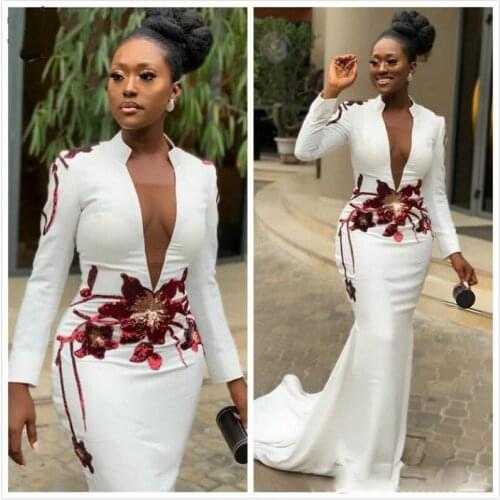 Sexy Prom Dresses Embroidery Deep V-neck Formal Gowns abendkleider Custom Mermaid Evening Dress Long Sleeves vestido de festa