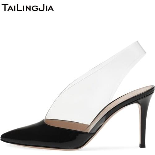 Fashion Women Black Heels Womens Party Shoes Woman High Heel Pointed Toe Ladies Slingback Pumps PVC Female Big Size Court Shoes