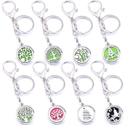 Tree of Life Stainless Steel Aroma Locket Keychain Perfume Aromatherapy Essential Oil Diffuser Lobster Buckle Christmas Tree