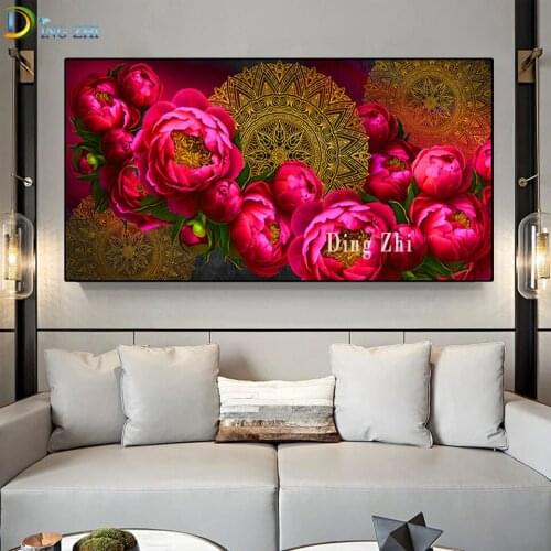 Vintage Pattern Diamond Embroidery Mosaic Golden Mandala And Red Peony Flower 5D DIY diamond painting Cross Stitch Nordic Decor
