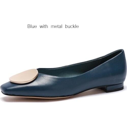 Genuine Leather shallow womens shoes metal buckles Square toe low Heels casual retro British Style