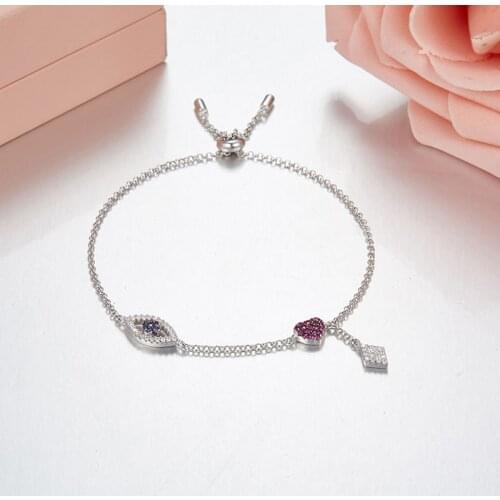 SLJELY Luxury S925 Sterling Silver 3 Gold Color Evil Eye Heart Bracelet Micro Pave Cubic Zirconia CZ Women Brand Design Jewelry