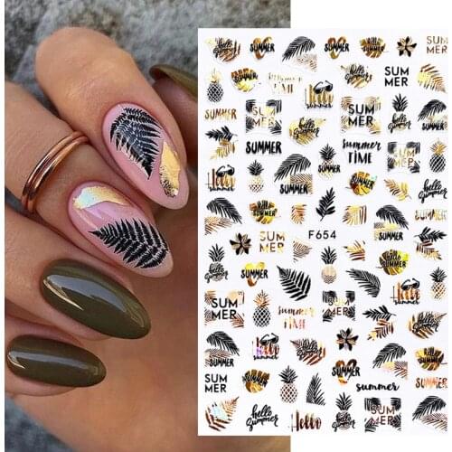 Gold Black Laser Leaves 3D Nail Stickers Summer Holographics Coconut Tree Leaf Pattern Adhesive Transfer Sticker Shiny Nail Foil