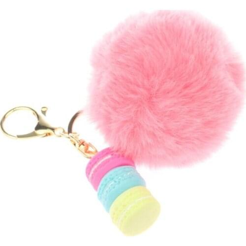 Resin Macaron Fur Ball Keychains Lovely Macaroon Key Chains Bag Charm Pom Pom Gold Metal Keyring Car Key Holder Girl Party Gift