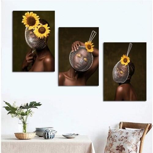 Black African Art Woman with Sunflower Nordic Style Painting on Canvas Posters and Prints Scandinavian Wall Picture